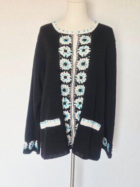 NWoT Storybook Knits Turquoise Treasures Crochet Beaded Cardigan Black